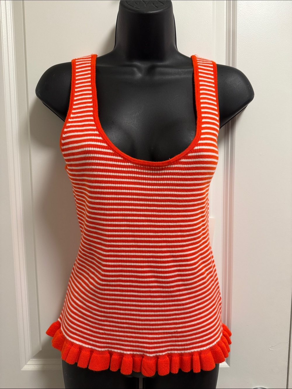 Striped Orange and White Tank Top with Ruffle Hem